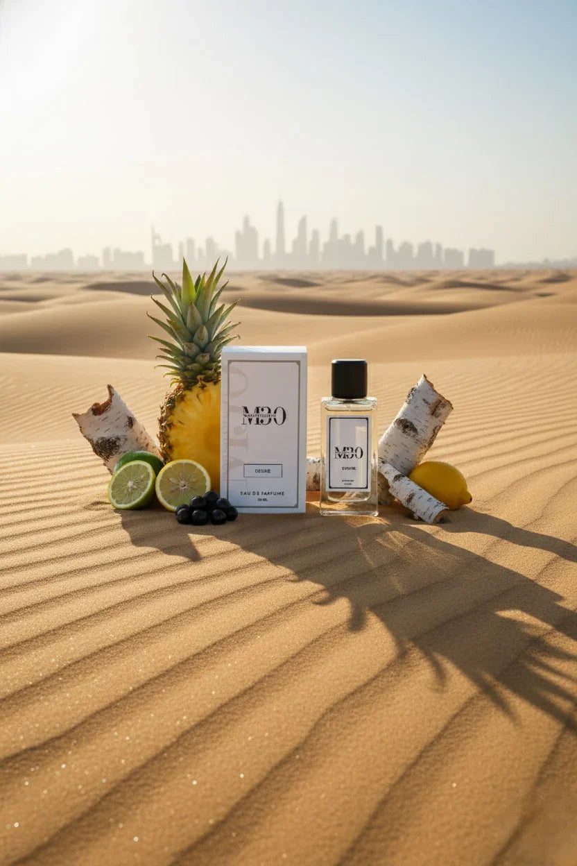 Perfume bottle and box with pineapple, lime, lemon, berries, birch on desert sand and city skyline