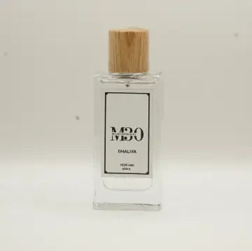 Clear perfume bottle with light wood cap labeled M30 Dhaliya, minimalist background.