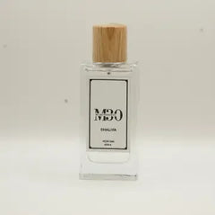 Clear perfume bottle with light wood cap labeled M30 Dhaliya, minimalist background.