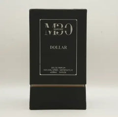 Black perfume box labeled Dollar, eau de parfum, minimalist design, luxury scent packaging.