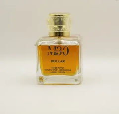 Square glass perfume bottle with gold cap and amber liquid, labeled 'Dollar' Eau de Parfum.