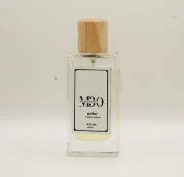 Clear glass perfume bottle with wooden cap and label reading 'dollar Limited edition'