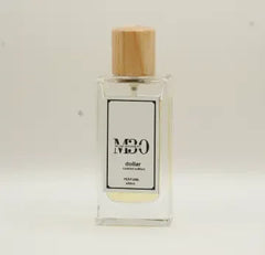 Clear glass perfume bottle with wooden cap and label reading 'dollar Limited edition'